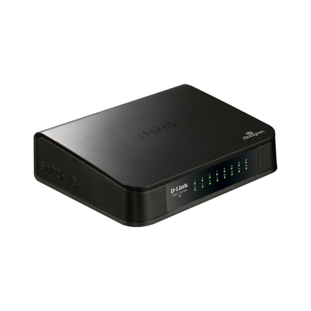 Black D-Link network switch on a white background